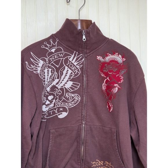 Ed Hardy Other - Ed Hardy Sweatshirt Mens XL Brown Full Zip Fleece New York City Tattoo Graphic